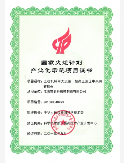 國家火炬示范項目證書（大流量超高壓接頭）